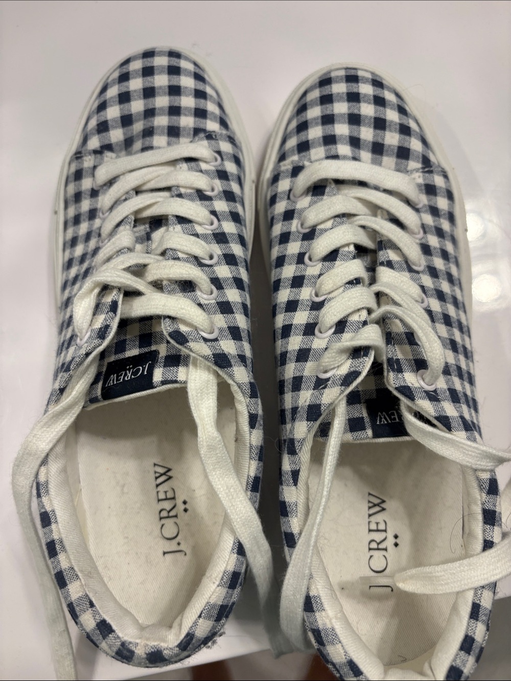 J. Crew Blue and White Gingham Lace-Up Sneakers